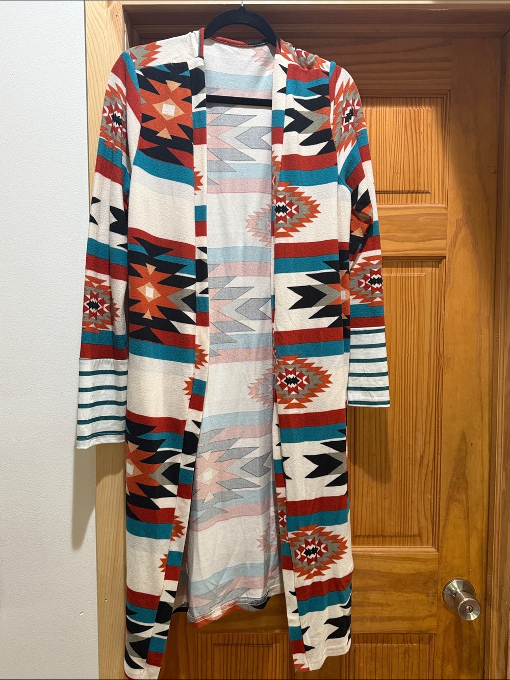 Open-Front Aztec Print Long Cardigan Sweater - Cream & Teal